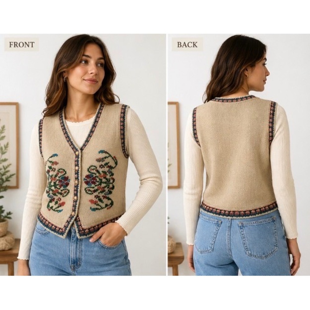 Vintage Lucia Sweater Vest Womens M Beige Floral Knit Button Front Cottagecore